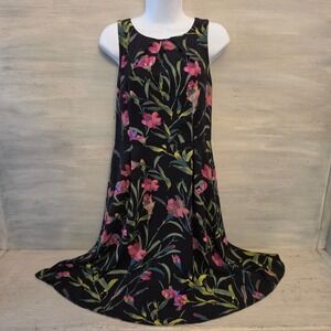Elle Black Colorful Floral Print Pleated Midi Dress Size 10 Good Condition